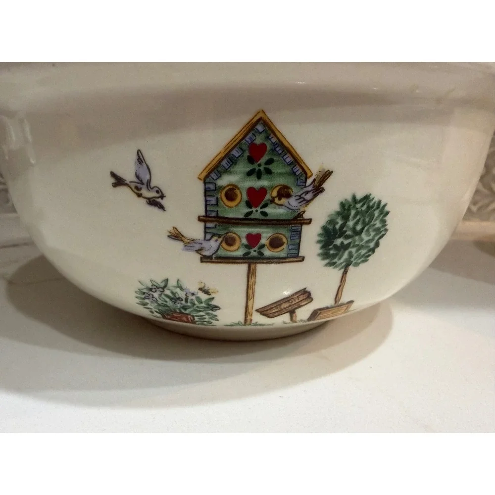 Thomson Pottery Folk Art Birdhouse Nesting Mixing Bowls Set of 2 Hearts Country